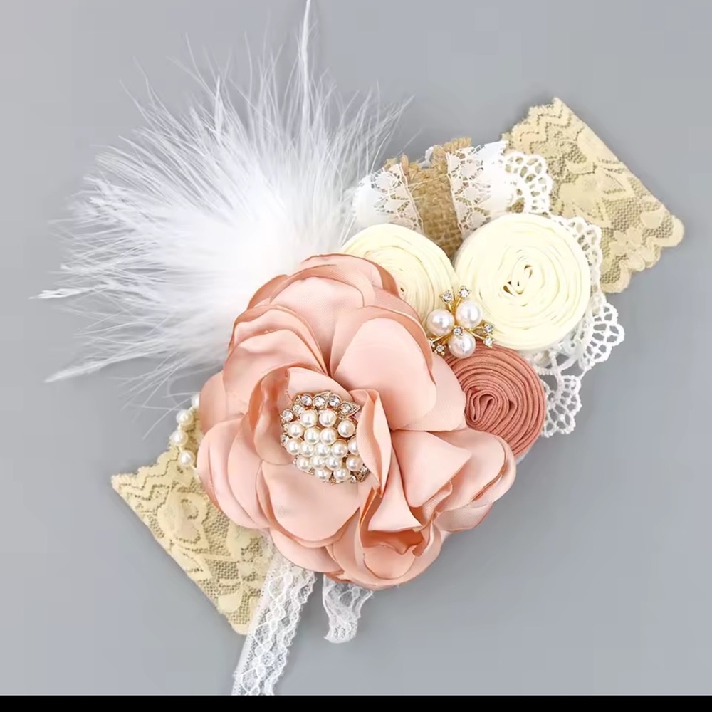Elegant Peach Pink and Cream Floral Lace Headband